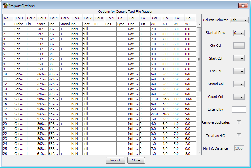 Text file import dialog